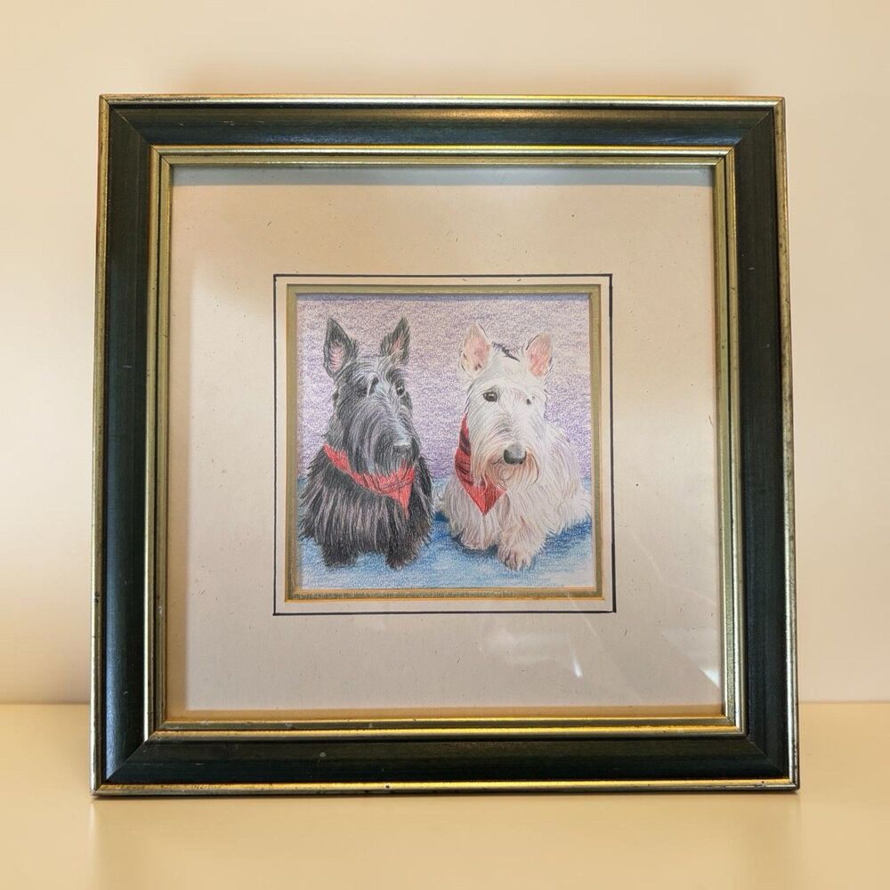 VTG Framed Scottish Terriers by Heritage Fine Arts - Hand Drawn Colored pencil
